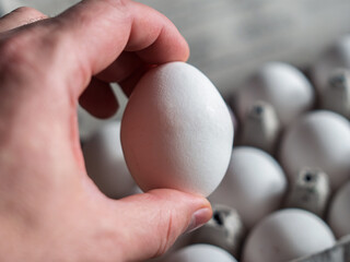 Fresh White Egg in Hand Among Carton