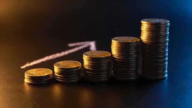 Gold coin stacks rise in growing pattern with arrow shadow. Financial growth shown by coin piles increasing. Investment profit displayed with gold coins. Arrow indicates rising money growth.