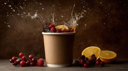 Beverage splash with fruit and cup