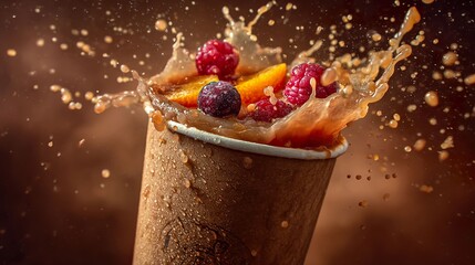 Beverage splash with fruit in a disposable cup