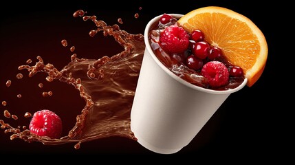 Beverage splash with raspberry and orange slice on black background