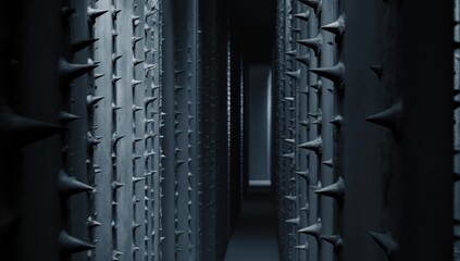 Dark corridor flanked by numerous tall spiked structures
