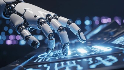 Robotic hand interacting with a futuristic digital interface with glowing blue circuits and bokeh lights in the background - Powered by Adobe