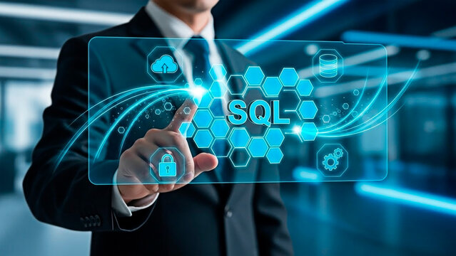 A businessman interacting with a SQL database interface on transparent background - Powered by Adobe