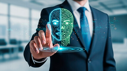 A businessman interacting with a futuristic AI interface on transparent background