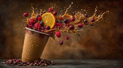 Coffee cup with overflowing berries and splash