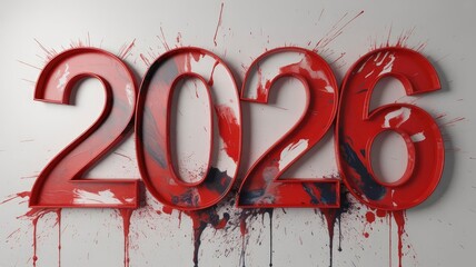 Bold three dimensional red metal numbers displaying the year 2026 covered in artistic paint splatters and drips