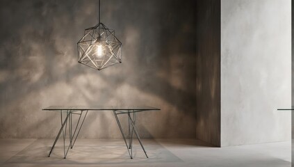 Modern interior, table with glass top and artistic light fixture