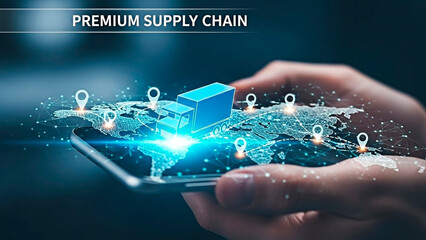 A person holding a smartphone with a premium supply chain concept on the screen on transparent background
