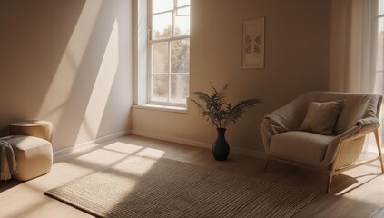 Cozy sunlit living space with armchair, rug, and window