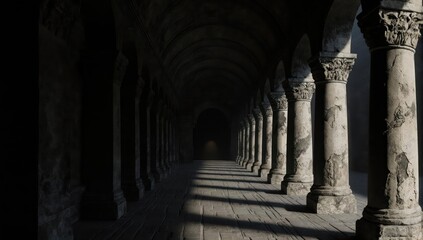 Dimly lit stone corridor with columns disappearing into the darkness