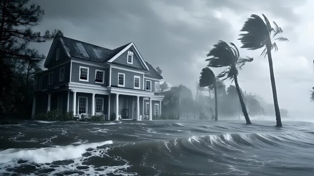 Natural disaster. Devastating loss aftermath scene. A monochromatic, atmospheric portrayal of a coastal scene. The main subject is a twostory house with a gabled roof, large windows.