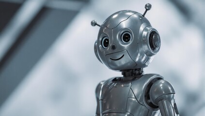 Cute metallic robot with friendly face smiles. Blue-toned background