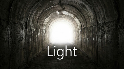 Dark concrete tunnel with bright light at the end and text "Light"