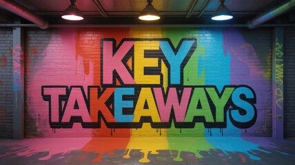 Vibrant graffiti mural spelling key takeaways in bold colorful letters against a dark brick wall in an urban setting