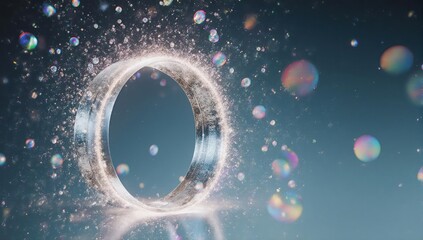 Sparkling, illuminated ring with floating bubbles against a gradient background