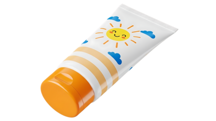 Colorful tube of sunscreen with a sun illustration isolated on transparent background