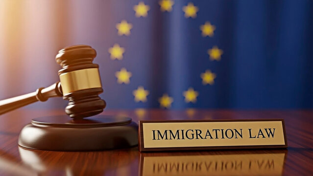 A gavel and immigration law sign on a desk in front of a European flag on transparent background