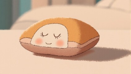 Cartoon pillow with a happy face, resting peacefully