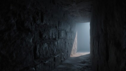Stone tunnel, light at end. Arched passage with sunlit opening