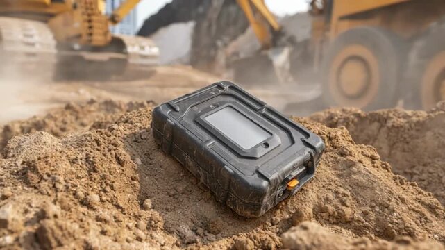 Closeup medium shot of a waterproof pager casing in a construction site environment emphasizing shock resistance and secure latch mechanisms amid heavy machinery.