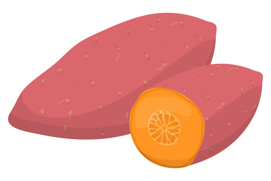 Flat vector illustration of whole and sliced sweet potato with orange flesh. Minimalist food icon isolated on white background.