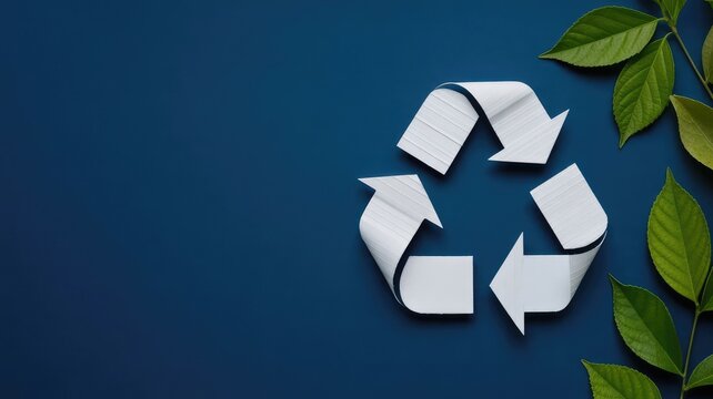White three dimensional recycling symbol made of paper rests against a dark blue background next to vibrant green plant leaves.