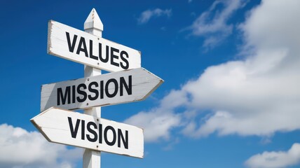 Wooden signpost with arrows pointing toward values mission and vision against a bright blue sky background