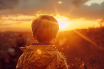 A young boy is standing in the sun looking at the sky