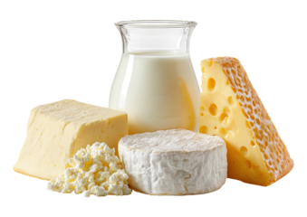 Assortment of artisanal cheeses and a glass jug of fresh milk