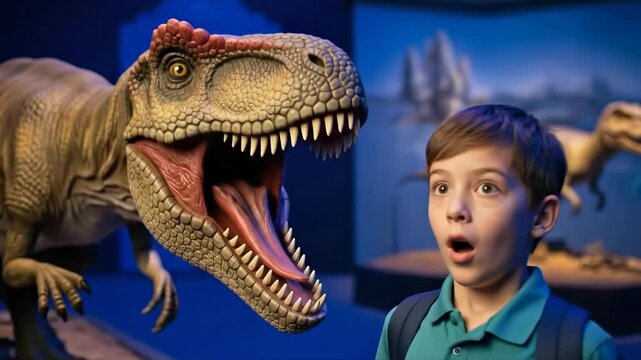 Child's captivated encounter with realistic dinosaur exhibit at interactive museum