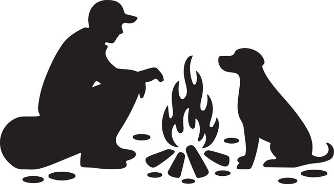 Silhouette of person and dog sitting by campfire
