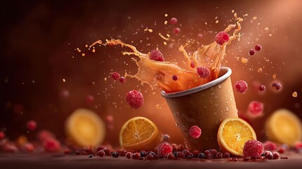 Fruit juice splash with berries and orange slices beverage concept