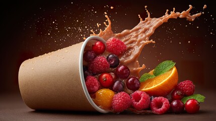 Fruit smoothie spill with assorted berries orange slice and mint leaves