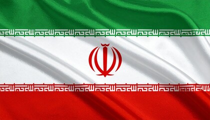 Iranian flag with green, white, and red stripes, central emblem, and Kufic script pattern.