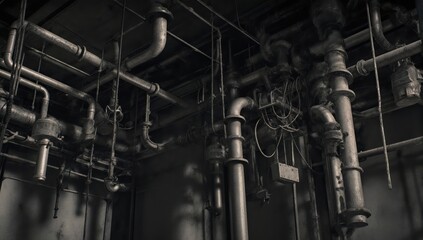 Monochromatic close-up of industrial pipes and plumbing in a dark space