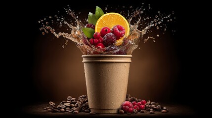 Fruit splash from a paper cup with coffee beans background