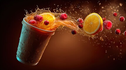 Orange juice splash with berries and ice in disposable cup dynamic composition