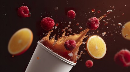 Juice splash with raspberries and orange slices