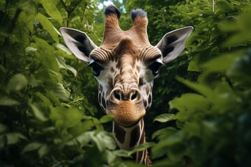 Giraffe head and neck emerging from lush green foliage in natural habitat