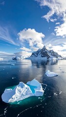Icebergs float in icy waters reflecting snow capped mountains beneath a bright, cloudy blue sky in a polar setting