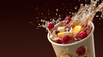 Berry splash cup with fresh fruits and water droplets