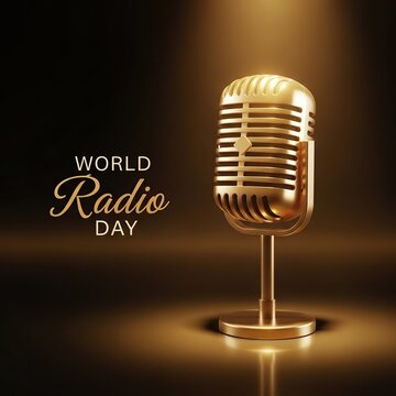 Golden microphone on world radio day with warm lighting