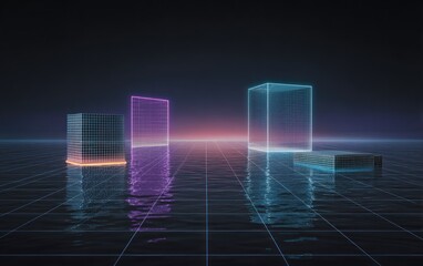 Fototapeta premium Futuristic, geometric cubes of light and wireframe float above a reflective, grid-lined surface