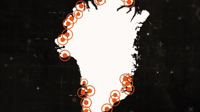 Geographic visualization of Greenland with mineral deposit markers along the coastline, representing mining opportunities, economic value, and geopolitical importance of Arctic resources