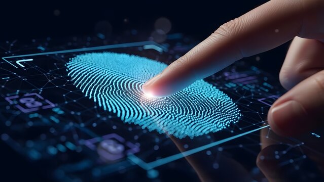 Digital identity verification and biometric security technology. Cyber safety and data protection access. Finger touching a glowing fingerprint scanner on a glass screen - Powered by Adobe
