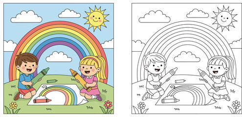 Cute cartoon boy and girl drawing a rainbow with giant crayons outdoors. Happy children coloring on a big paper in nature with a smiling sun and colorful rainbow background. © MstSangita