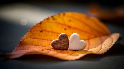 Romantic love and partnership in nature. Autumn relationship and seasonal connection. Two small wooden hearts resting together on a fallen orange autumn leaf