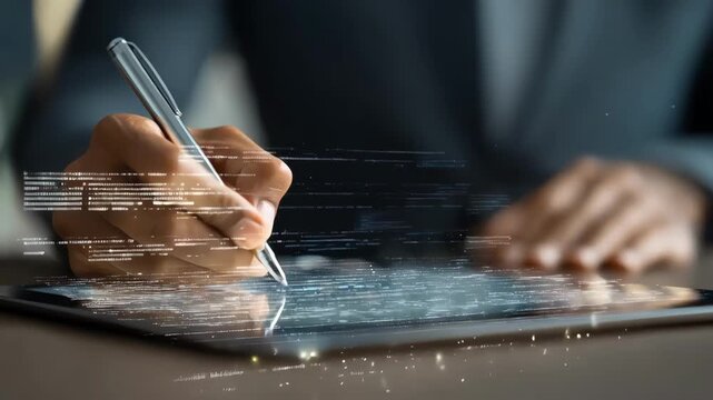 Business professional using a digital pad to securely sign documents in a sleek modern paperless signing zone highlighting efficient electronic workflow solutions.