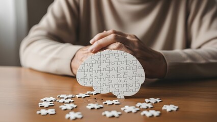 Mental health awareness and cognitive brain function. Neurology research and memory puzzle solution. Person sitting at a table with a brain shaped puzzle and scattered pieces